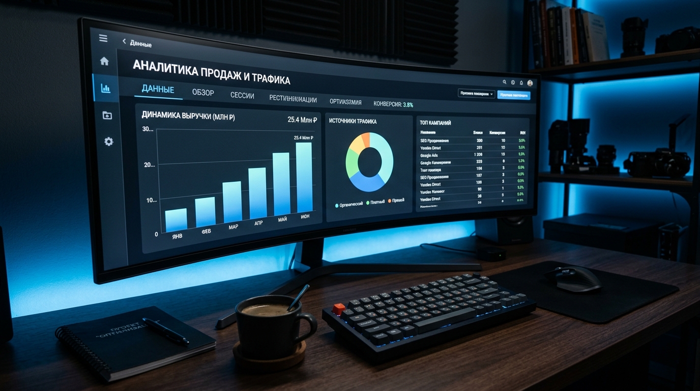 Дашборд с аналитикой работы ИИ-агента на экране монитора