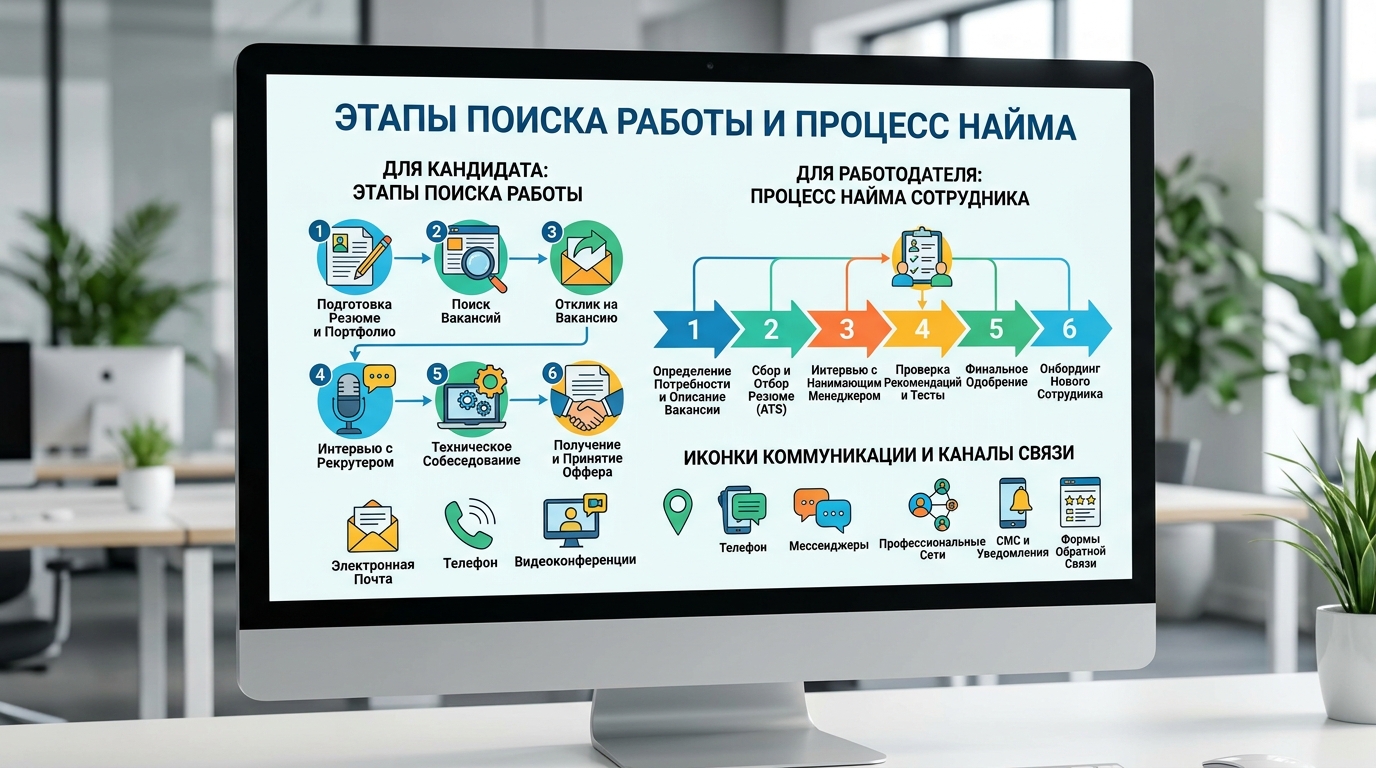 Инфографика с этапами поиска работы и получения обратной связи