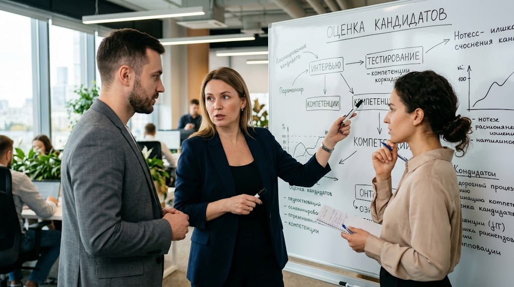 Команда эйчаров обсуждает методы оценки кандидатов у маркерной доски
