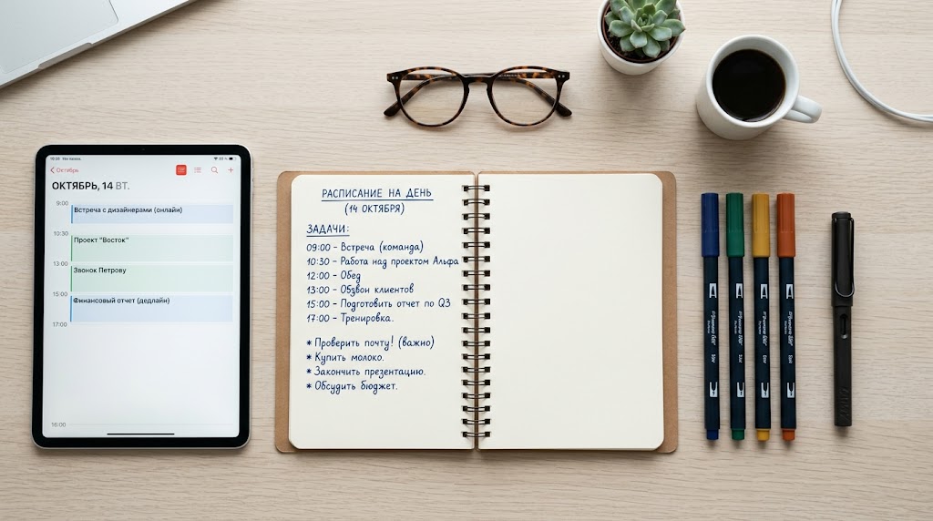 рабочее место фасилитатора с блокнотом и маркерами