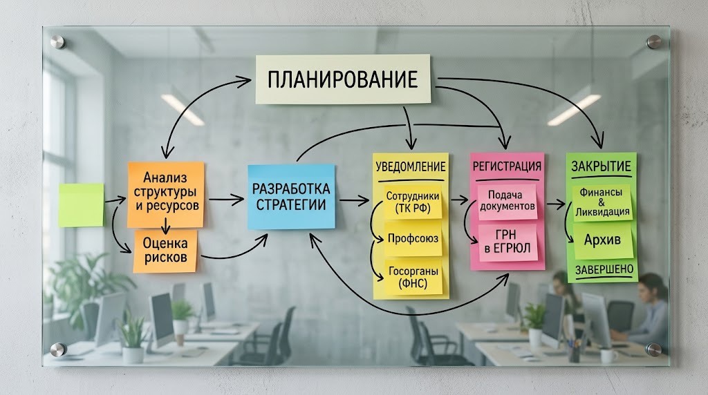Схема этапов реорганизации компании на магнитной доске