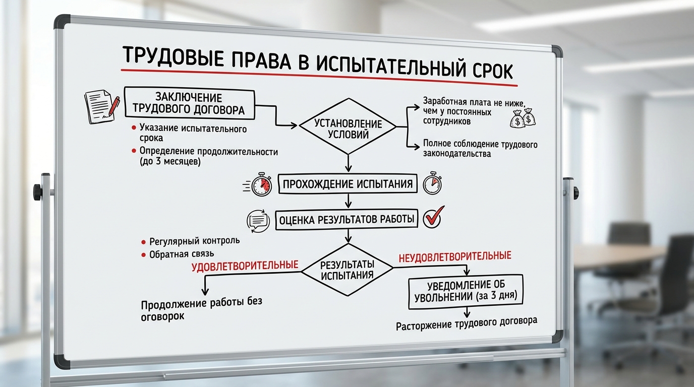 Схема рабочего процесса и трудовых прав сотрудника на испытательном сроке